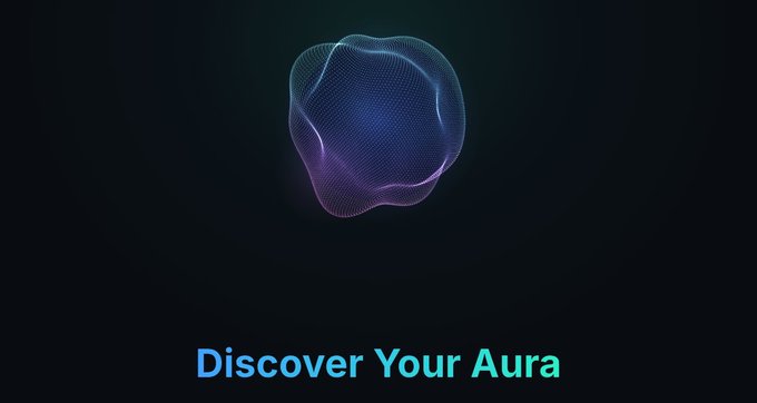 A 3D wireframe sphere glowing with blue and purple light against a dark background, with the text 'Discover Your Aura' displayed below.
