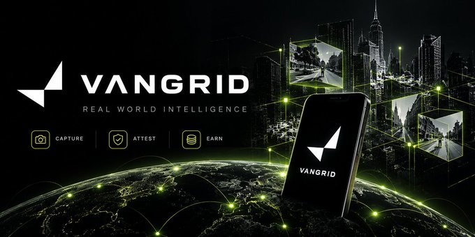 A promotional banner for 'VANGRID - REAL WORLD INTELLIGENCE' featuring a smartphone displaying the app, a glowing globe, and icons labeled 'CAPTURE', 'ATTEST', and 'EARN'.
