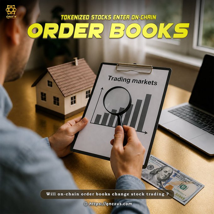 A man examines a "Trading markets" chart on a clipboard with a magnifying glass, beside a small model house and US currency, with bold text reading "Tokenized Stocks Enter On-Chain Order Books" and the caption "Will on-chain order books change stock trading?" displayed at the bottom—visually reinforcing the post's theme of stock trading moving onto blockchain through xStocks.