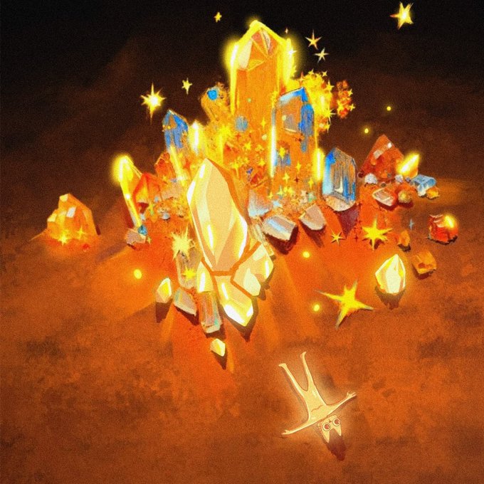 A fantasy illustration of glowing golden and crystal-like structures or gems rising from an orange glowing ground with a starry night sky.