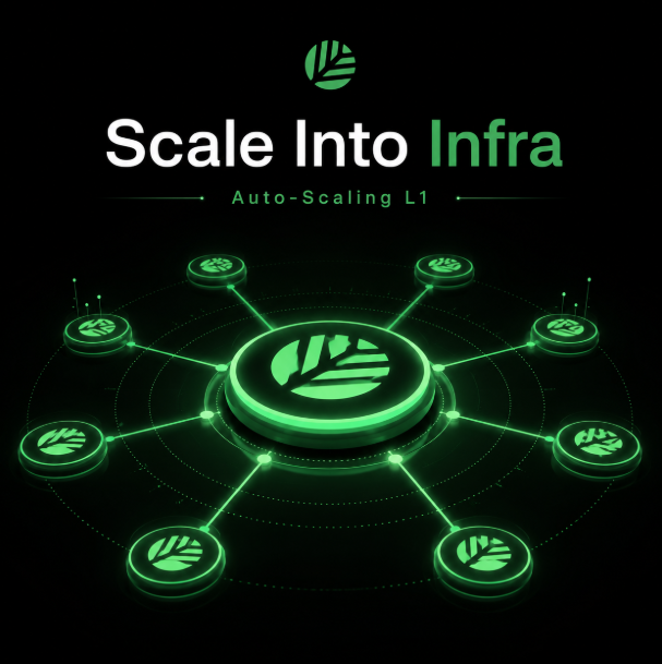 A dark promotional graphic with green accents titled "Scale Into Infra - Auto-Scaling L1" featuring a network diagram of connected nodes around a central hub.