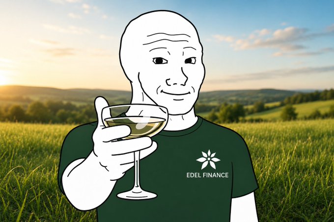 The image features an illustration of a man wearing a green shirt, holding a glass of wine with a flower design on it. The background shows a field or meadow with trees, suggesting that they are outdoors during sunset. The caption for the image reads "It'S Fridayyyyy! Choose onchain equities Coose tokenization Choose real yield Choose Edel Have a great day ahead frens".