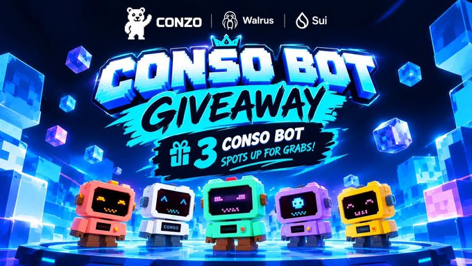 A promotional graphic for a 'CONSO BOT GIVEAWAY' featuring 3 spots, sponsored by Walrus and Sui, with five colorful robot characters displayed below.