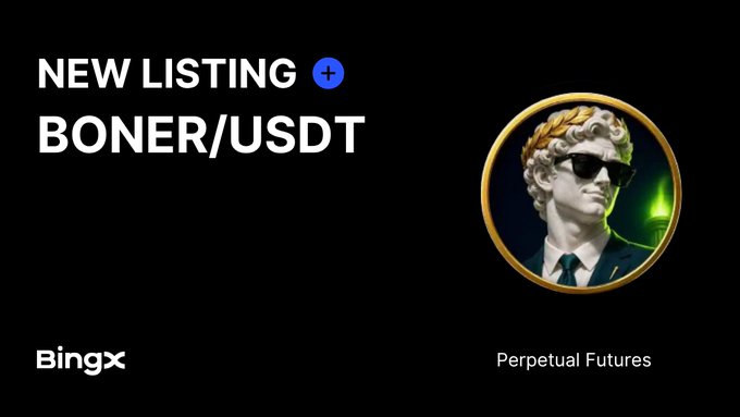 A promotional banner from BingX exchange announcing a 'NEW LISTING' for the 'BONER/USDT' perpetual futures contract, featuring a classical statue profile wearing sunglasses with a green flame.