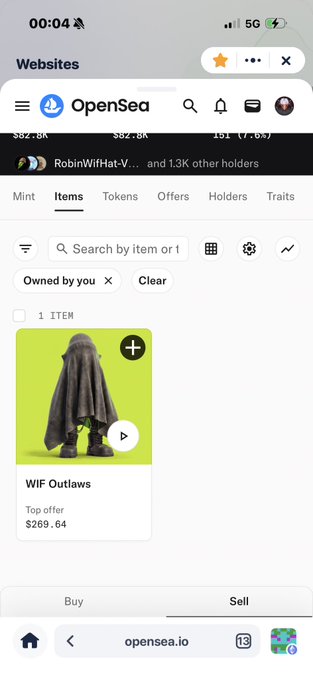 A mobile screenshot of OpenSea showing an NFT called 'WIF Outlaws' listed for sale with a top offer of $269.64, owned by the user.
