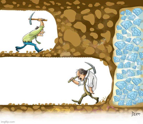 A cartoon illustration showing two miners digging in a tunnel; one miner is using a pickaxe to break through a wall into a vein of blue diamonds, while another miner is walking toward the same area.