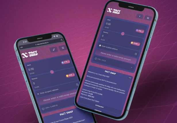 The image shows two cell phones with a purple background displaying a cross chain swap app. The phones are positioned side by side, with one phone slightly overlapping the other. The phones have their screens open, showing the app's interface. The text on the phones reads "Cross Chain Swap without bridges. No wrapped tokens. No unnecessary risk." This message is related to the post about the Cross Chain Swap app that provides a native solution for multichain DeFi transactions with low fees and fast execution.