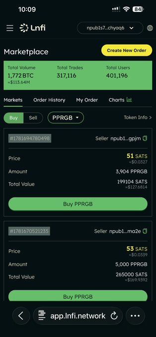 The image displays a phone screen with information related to a cryptocurrency, specifically showing a list of transactions on the screen and two specific transactions being onboarded into their P2P Marketplace account - "PPRGB" and "51Sats". The app has been running for ten years and maintains 99.99% uptime while providing its trading needs.