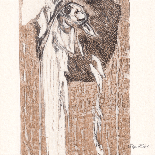 A textured, hand-drawn illustration in brown and black ink depicting a stylized, elongated figure or character with a signature visible in the bottom right corner.