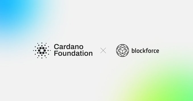 A collaboration announcement graphic featuring the Cardano Foundation logo alongside the blockforce logo on a light gradient background.