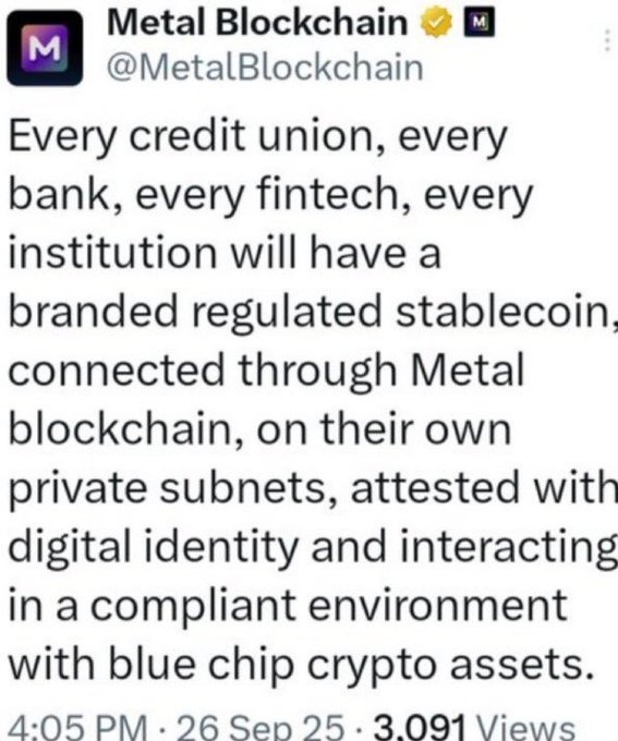 The image features a white background with black text that reads, "Every credit union, every bank, every fintech institution, every private subnet, every digital identity and interacting with a compliant environment with blue chip crypto assets." The post is about the future of finance and how it has been built by Marshall Hayner.