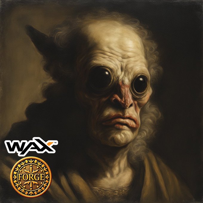 A dark classical-style oil painting of an eerie creature with large black eyes and wild hair, featuring 'WAX' and 'FORGE' logos in the lower left corner.