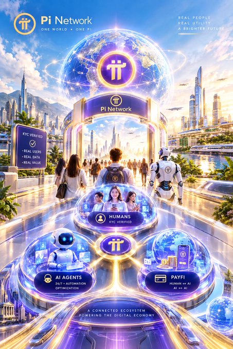 A vibrant promotional poster for **Pi Network**, featuring its logo and tagline "One World ♥ One Pi" alongside "Real People, Real Utility, A Brighter Future," depicts a futuristic cityscape where humans, AI agents, and PayFi converge in a glowing "Connected Ecosystem Powering the Digital Economy," with KYC-verified bubbles highlighting the trio of Humans, AI Agents, and PayFi as the pillars of the platform. This imagery reflects the post's vision of crypto evolving from mere speculation into a fully realized, utility-driven digital economy—showcasing Pi Network's long-prepared ecosystem integrating people, AI, and finance as the foundation for a transformative new era.