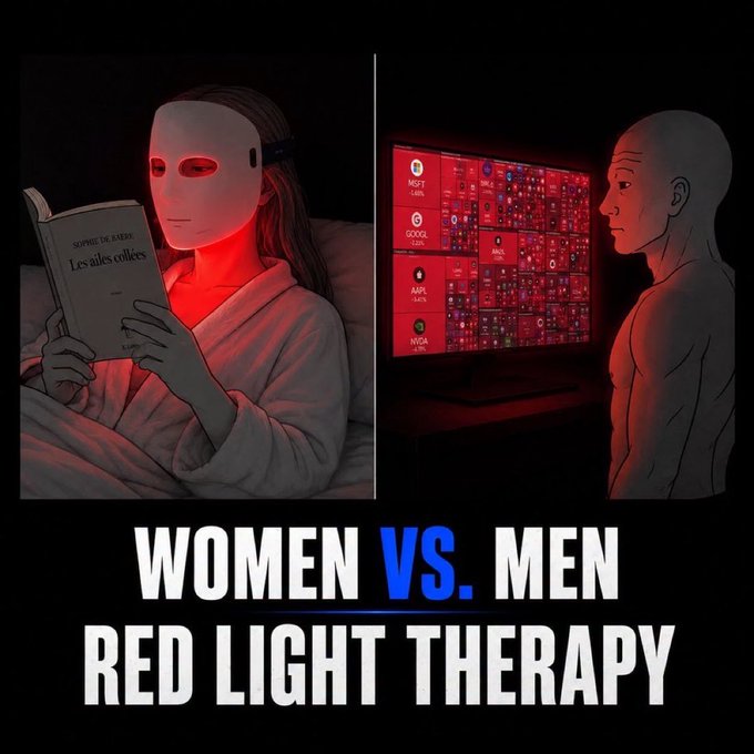The image is a two-panel illustration comparing "Women vs. Men Red Light Therapy," showing a woman on the left reading a book titled "Les ailes collées" under a gentle red facial mask, while the right panel humorously depicts a man staring intently at a stock market screen showing tickers like MSFT, GOOGL, AAPL, and NVDA under red light—joking that men's version of "red light therapy" is simply watching their stocks drop.