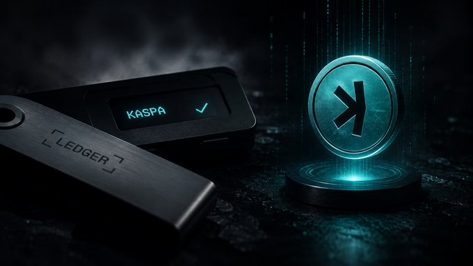 A Ledger hardware wallet displays 'KASPA' on its screen next to a glowing teal Kaspa (KAS) cryptocurrency coin.