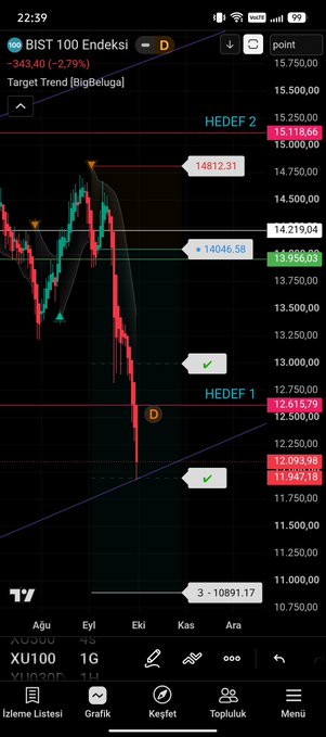 A TradingView mobile chart of BIST 100 Endeksi showing a downtrend with red candles, labeled target points at 14812.31 and 14046.88, currently at 11947.18 (-2.7%).