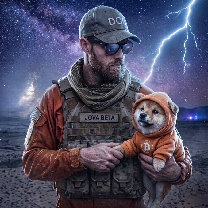 The image features a man wearing an orange vest, sunglasses, and a hat with "dog" written on it. He is holding a small dog dressed in an orange sweater that has the letters "BH" printed on it. The background of the photo shows a sky filled with stars, suggesting that they are in space or near a planetarium. The caption to the image reads: "GN! Just HODL your !" which means "Good job!".