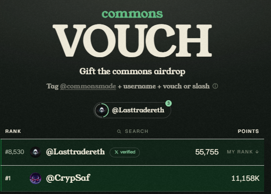 A dark-themed leaderboard for the commons VOUCH airdrop, showing @Lasttradereth at rank #8,530 with 55,755 points and @CrypSaf at rank #1 with 11,158K points, illustrating the participation guide for vouching on the commonsmade platform.