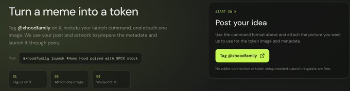 A dark-themed interface titled 'Turn a meme into a token' explaining how to launch tokens on X using the command '@xhoofamily launch' with example text 'Wood Hood paired with $PCX stock'.