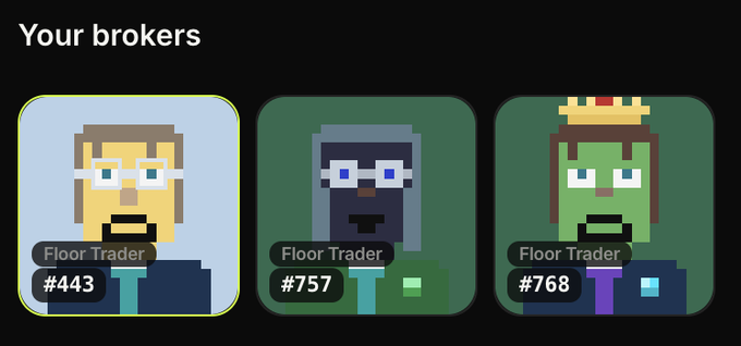 A pixel-art style interface showing 'Your brokers' with three Floor Trader character cards numbered #443, #757, and #768, featuring different colored pixel characters.