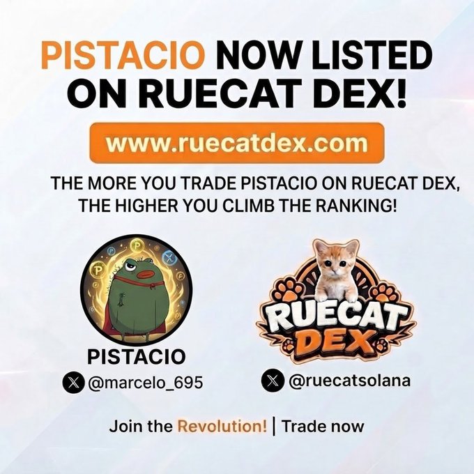 Promotional graphic announcing 'PISTACIO NOW LISTED ON RUECAT DEX!' with the website www.ruecatdex.com, featuring a pistachio character mascot and Ruecat Dex logo, with social handles @marcelo_695 and @ruecatsolana.