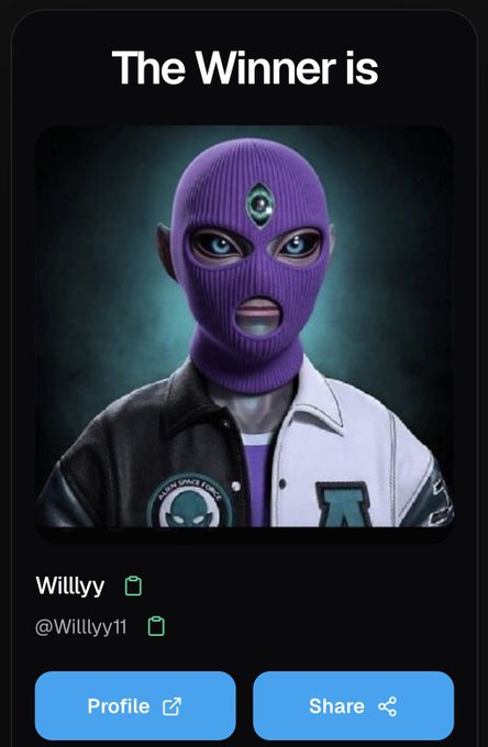 A winning notification screen titled "The Winner is" displays a stylized 3D character wearing a purple ski mask with a diamond on the forehead, identified as user "Willlyy" (@Willlyy11), directly corresponding to the post congratulating @Willlyy11 for winning $300 on MetaWin.