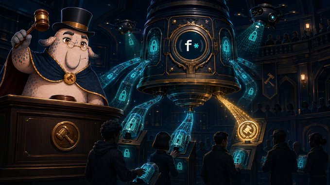 An auctioneer wearing a top hat presides over a grand hall where bidders place encrypted bids, visualized as glowing digital envelopes feeding into a central mechanism displaying "f*" (the ticker for Fhenix, an FHE-focused blockchain) surrounded by lock icons. The image illustrates how Fully Homomorphic Encryption (FHE) enables truly sealed-bid auctions onchain by keeping bids encrypted and unreadable until after the auction closes—solving the transparency problem that defeats traditional onchain sealed bid formats.