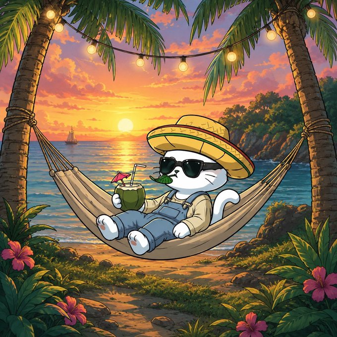 iced tea with a straw and a green leaf floats on the ocean, accompanied by palm trees and a sunset backdrop.