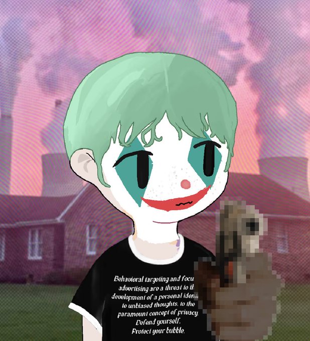 An anime-style illustration of a character with green hair and clown-like makeup wearing a t-shirt with text about behavioral targeting and personal privacy.