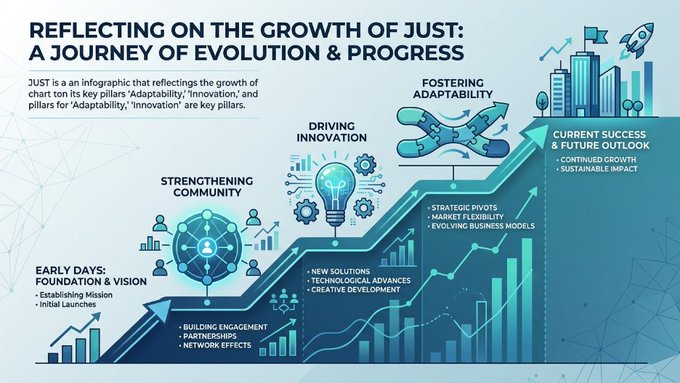 An infographic titled "Reflecting on the Growth of JUST: A Journey of Evolution & Progress" displays a staircase design illustrating five growth stages—Early Days, Strengthening Community, Driving Innovation, Fostering Adaptability, and Current Success—each marked with bulleted milestones such as mission establishment, partnerships, new solutions, strategic pivots, and sustainable impact, complementing the post's emphasis on JUST's adaptability, innovation, and community-driven evolution.