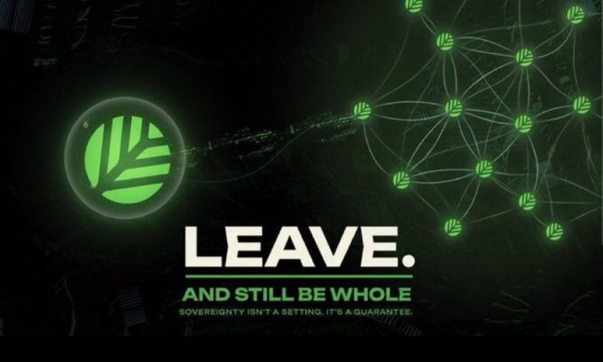 The image features a dark background with green glowing logos connected by network lines, alongside the bold text "LEAVE. AND STILL BE WHOLE" and the tagline "SOVEREIGNTY ISN'T A SETTING. IT'S A GUARANTEE." It visually reinforces the post's message about Canopy's sovereign appchain infrastructure by emphasizing themes of independence, security, and interconnected decentralized networks.