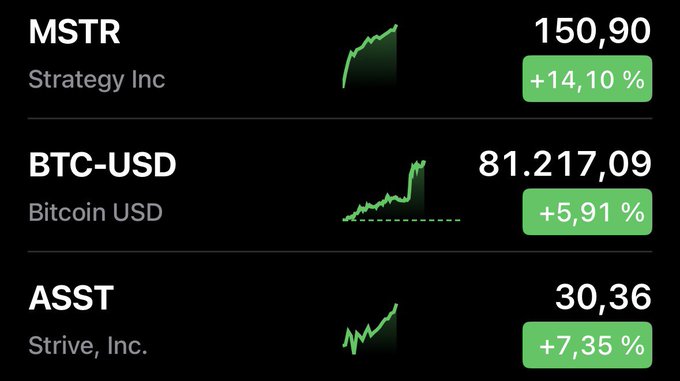 A financial dashboard displays stock performance: MSTR (Strategy Inc) at $150.90 (+14.10%), BTC-USD (Bitcoin) at $81,217.09 (+5.91%), and ASST (Strive, Inc.) at $30.36 (+7.35%), all showing upward green trends.