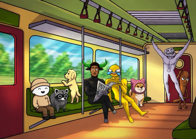 An animated illustration shows various characters including a horned figure, a frog reading a 'PUNK' newspaper, dogs, and the trollface meme riding inside a subway car.