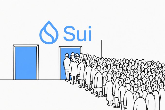 A cartoon illustration of a long line of identical people waiting to enter through blue doors beneath the 'Sui' logo.