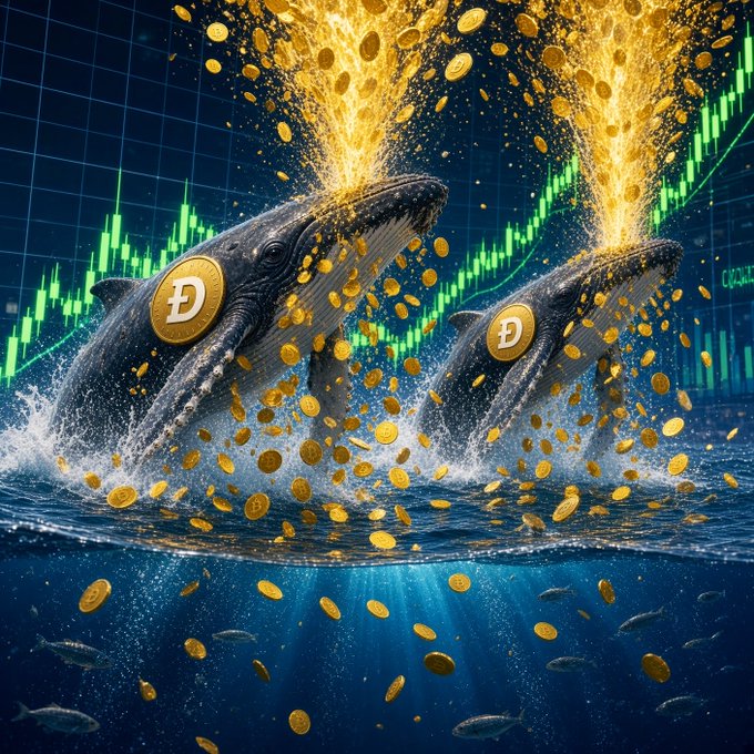 Two whales adorned with Dogecoin ($DOGE) logos breach from golden waters amid green bullish candlesticks, visually representing the massive 1,000,000,000 $DOGE whale accumulation noted in the post.