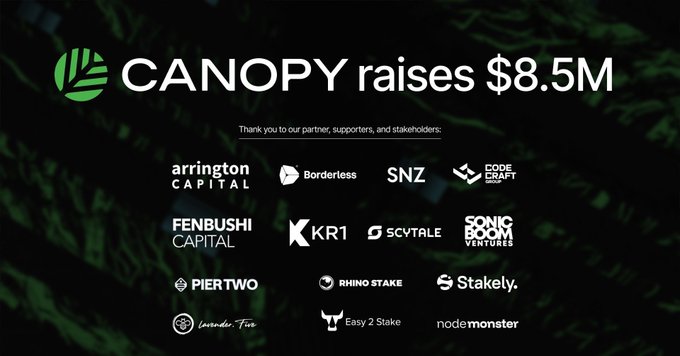 Announcement graphic that 'CANOPY raises $8.5M' with logos of partner investors including Arrington Capital, Borderless, SNZ, Fenbushi Capital, KR1, Piertwo, and others on a dark fern background.