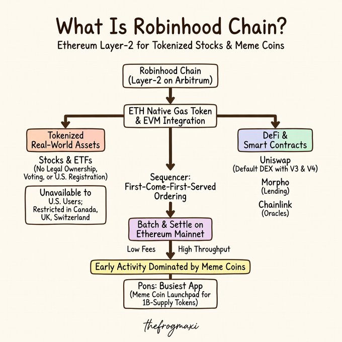 Hand-drawn infographic titled "What Is Robinhood Chain?" describing it as an Ethereum Layer-2 on Arbitrum for tokenized stocks and meme coins, showing features like DeFi, smart contracts, and the Pons meme coin launchpad.