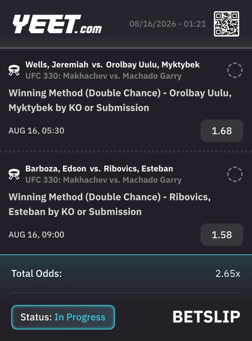 A betslip from YEET showing a 2-leg parlay on UFC fights: Orolbai vs Jeremy Stephens and another matchup, marked "In Progress." The caption "OROLBAI WHAT DID YOU DO" humorously reacts to Orolbai seemingly struggling or losing in his fight, jeopardizing the parlay bet.