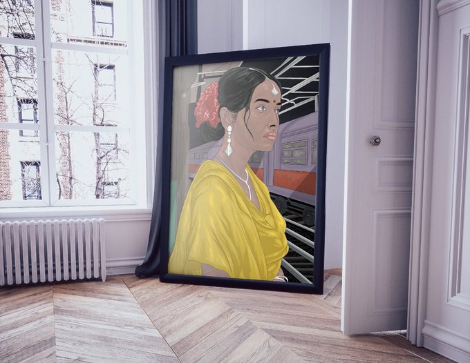 A framed digital illustration of a dark-haired woman wearing a yellow garment and a red flower in her hair, leaning against a wall in a room with herringbone wood floors, a window, and a radiator.