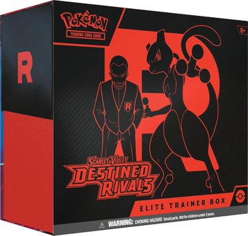 A Pokémon Trading Card Game Scarlet & Violet Destined Rivals Elite Trainer Box featuring Team Rocket's Giovanni with a Mewtwo silhouette on the cover.