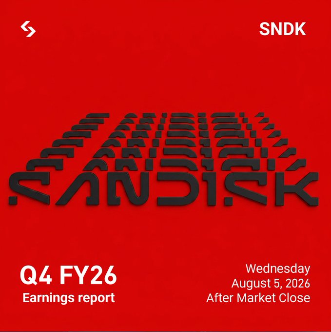 The image is a promotional graphic for Sandisk's ($SNDK) Q4 FY26 earnings report, scheduled for Wednesday, August 5, 2026, after market close. It features the company's ticker symbol prominently in the top right corner and a stylized "SANDISK" wordmark in the center, set against a bold red background. The graphic reinforces the post's message by highlighting the upcoming earnings announcement and counting down the hours until the report is released.