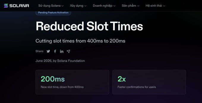 A Solana Foundation webpage announcing 'Reduced Slot Times' as a pending feature activation, cutting slot times from 400ms to 200ms (2x faster) for the June 2026 update.