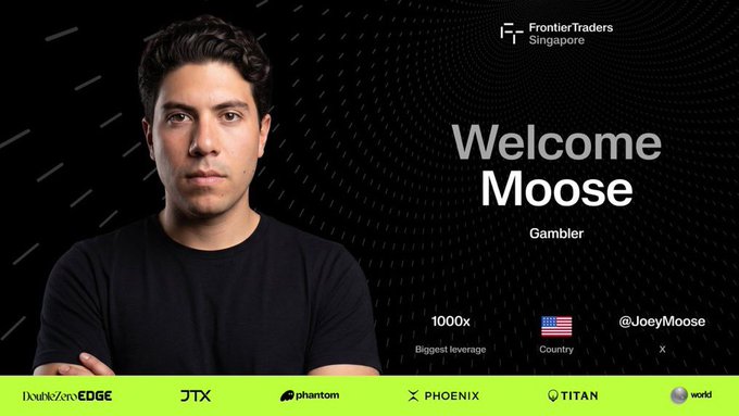 A welcome graphic for "Moose," a gambler with @JoeyMoose, representing the US at FrontierTraders Singapore with the biggest leverage of 1000x, promoting an upcoming high-stakes leverage trading event where winning earns him a Porsche GT3RS.