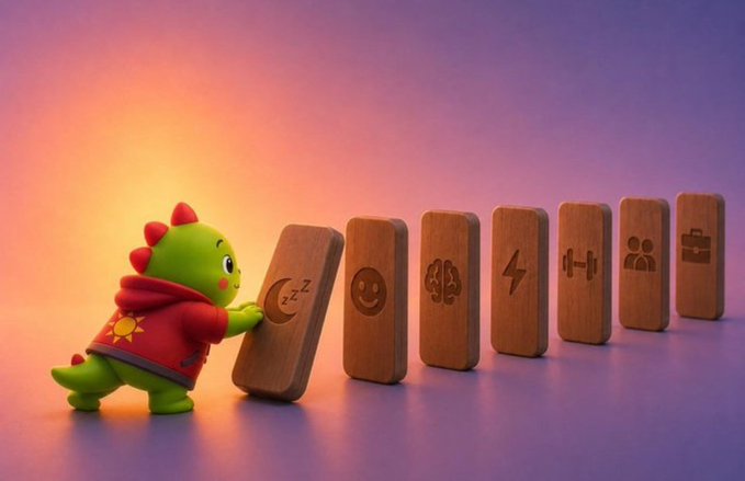 A 3D rendered image of a green cartoon dinosaur in a red hoodie pushing over a domino-like wooden tile, starting a chain reaction with other tiles featuring icons like a moon, smiley face, brain, lightning bolt, dumbbell, people, and a briefcase.