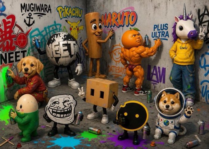 A vibrant graffiti-covered scene featuring various pop culture mashup characters including Pikachu, Naruto, a muscular orange, a unicorn in a UwU hoodie, a doge astronaut, and trollface figures, all holding spray paint cans.