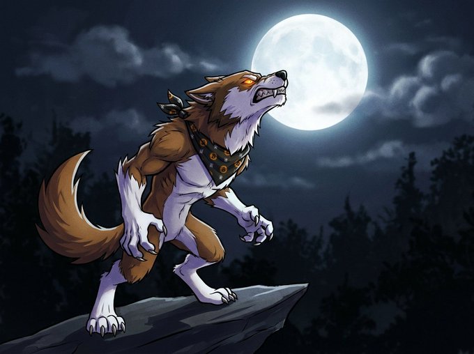 An animated-style illustration of a fierce werewolf with orange eyes howling on a cliff beneath a large full moon on a dark night.