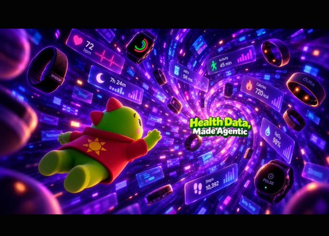 A vibrant purple and pink digital advertisement showing a cute green mascot floating through a tunnel of health data displays including BPM, sleep tracking, activity, calories, and steps, with the text 'Health Data, Made Agentic.'