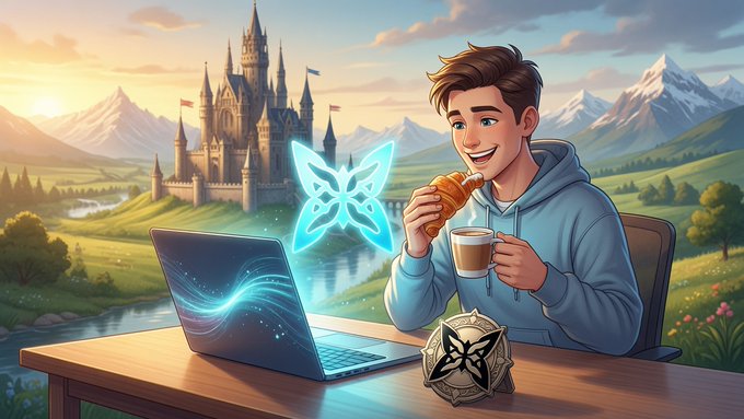 A young man enjoys breakfast—croissant and coffee—at his laptop in a fantasy landscape with a castle and mountains, while a glowing blue butterfly and a geometric token appear beside his screen, visually echoing the post's narrative of a calm, hassle-free morning session running a testnet node with optimized workloads verifying smoothly.