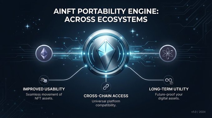 A promotional infographic titled 'AINFT PORTABILITY ENGINE: ACROSS ECOSYSTEMS' featuring Ethereum and Cosmos logos connected by circuit designs, highlighting 'Improved Usability', 'Cross-chain Access', and 'Long-term Utility' for NFT assets, version v1.0/2024.