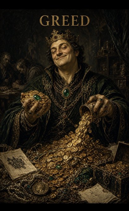 A classical painting-style illustration of a crowned man with a greedy expression, clutching gold and jewels under the word 'GREED'.